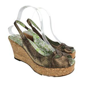Miz Mooz Bronze Metallic Leather Peep Toe Slingback Wedge Sandal EU 39/US 8.5-9